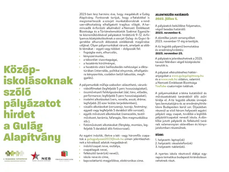 Középiskolásoknak szóló pályázatot hirdet a Gulág Alapítvány